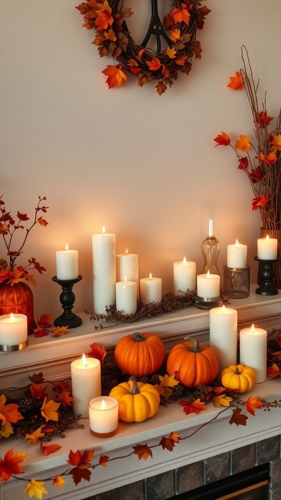10 Cozy Fall Decor Ideas to Transform Your Home 7 A cozy fall mantel display featuring various scented candles, pumpkins, and autumn leaves.