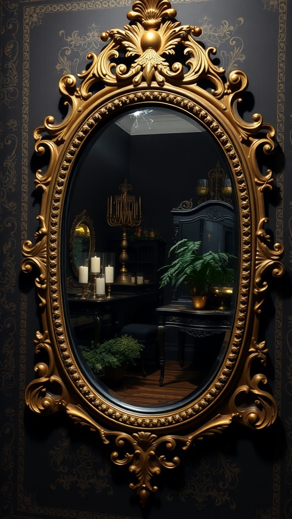 11 Stunning Gothic Home Decor Ideas to Transform Your Space 10 A vintage mirror with an ornate golden frame reflecting a dark room with candles and plants.