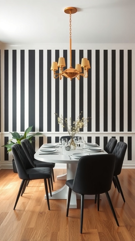 A dining area featuring bold black and white striped wallpaper, a round white table, black chairs, and a warm wooden floor.