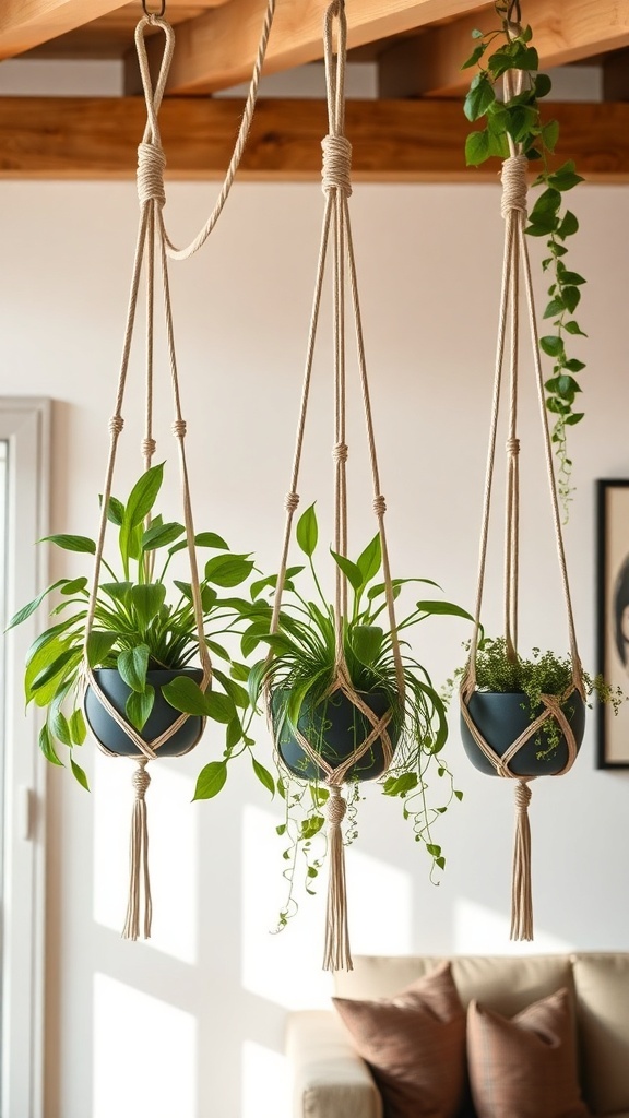 10 Creative DIY Home Decor Ideas to Transform Your Space 3 Three macrame plant hangers with green plants, hanging from a wooden ceiling.