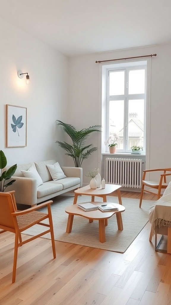 11 Stunning Living Room Inspiration Ideas You'll Love 7 A minimalist Scandinavian living room with light wood flooring, a soft sofa, wooden chairs, and plants.