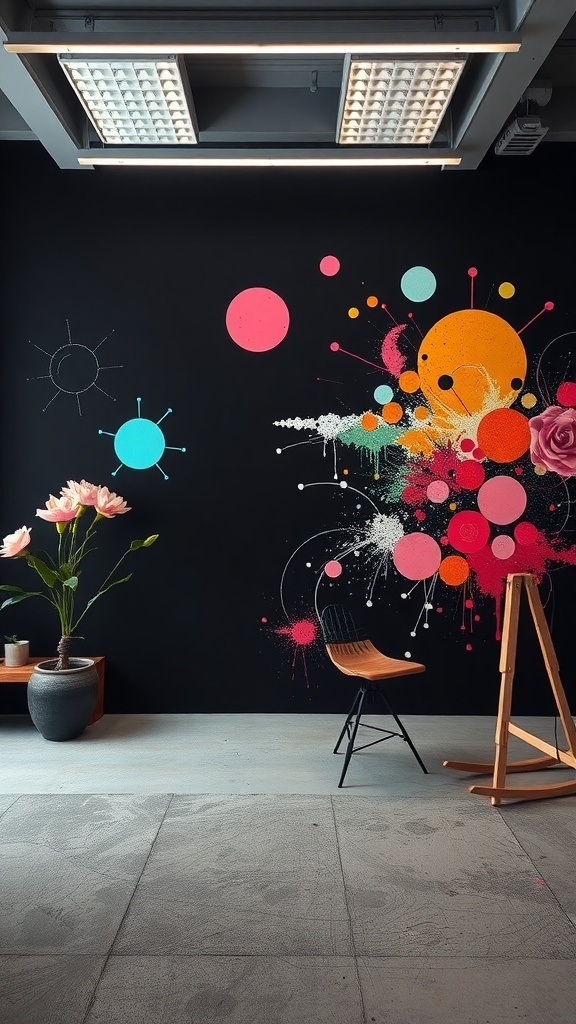 12 Stunning Black Wallpaper Ideas to Elevate Your Space 10 Artistic black wallpaper featuring abstract designs with colorful splashes and shapes.