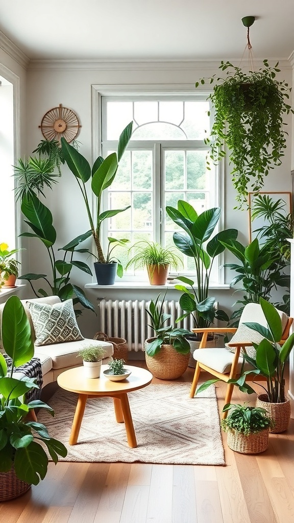 10 Inspiring Nordic Living Room Ideas for a Cozy Home 5 A cozy Nordic living room filled with various indoor plants, featuring a bright window and comfortable seating.