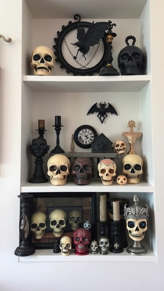 11 Stunning Gothic Home Decor Ideas to Transform Your Space 2 A display of various skulls and gothic decor items on shelves.