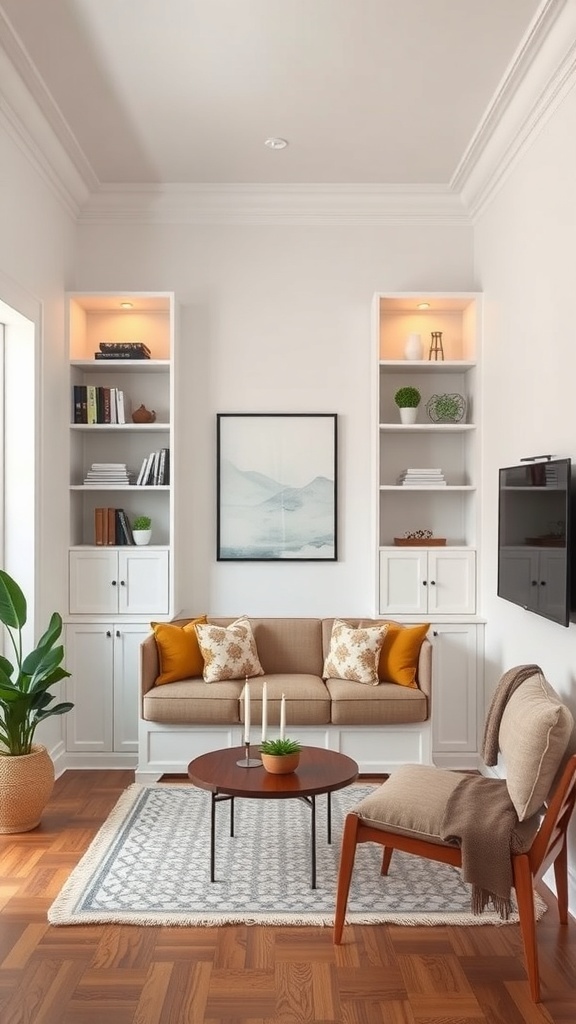 A small living room featuring built-in shelves, a cozy sofa, and a round coffee table, creating a stylish and functional space.
