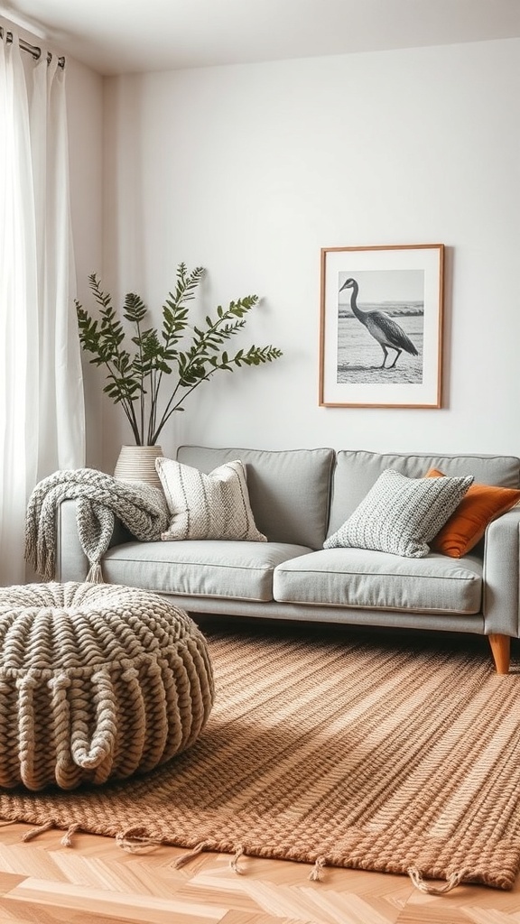 9 Cozy Earthy Living Room Ideas for a Natural Feel 2 A cozy living room with a neutral sofa, textured cushions, a knitted pouf, and a woven rug, complemented by a plant.