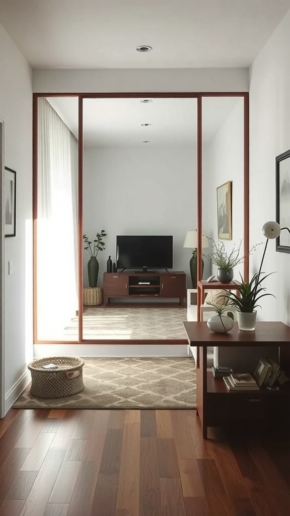 A small living room featuring a large mirror that reflects light and decor, enhancing the space.