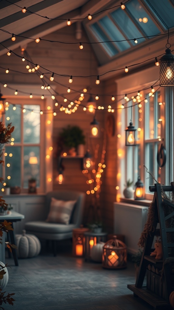 10 Cozy Fall Decor Ideas to Transform Your Home 9 Cozy indoor space decorated with warm string lights and lanterns, featuring pumpkins and autumn decor.