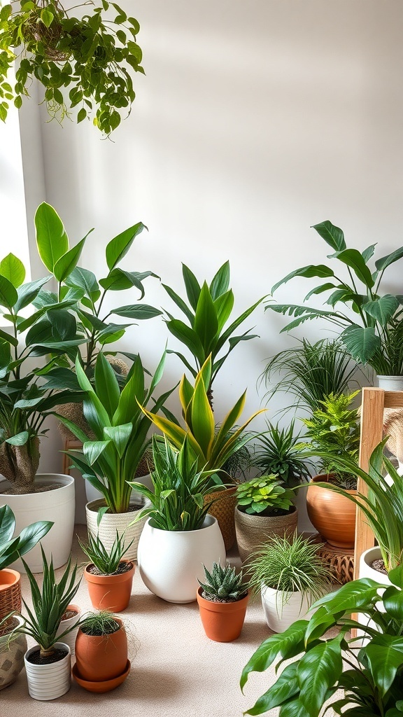 11 Stunning Living Room Inspiration Ideas You'll Love 5 A variety of indoor plants in different pots arranged in a living room setting.