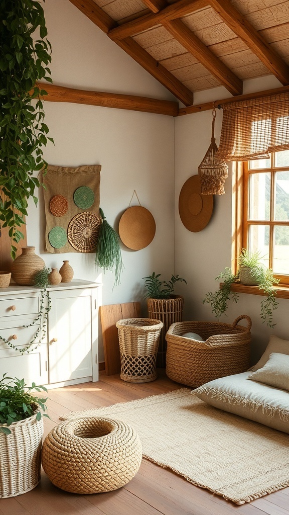 10 Nature-Inspired Items for Earthy Cottage Home Decor 7 A cozy cottage interior featuring natural materials, woven baskets, and plants.