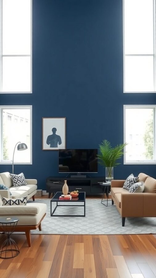 Contemporary living room with a bold blue accent wall, light sofas, and large windows.