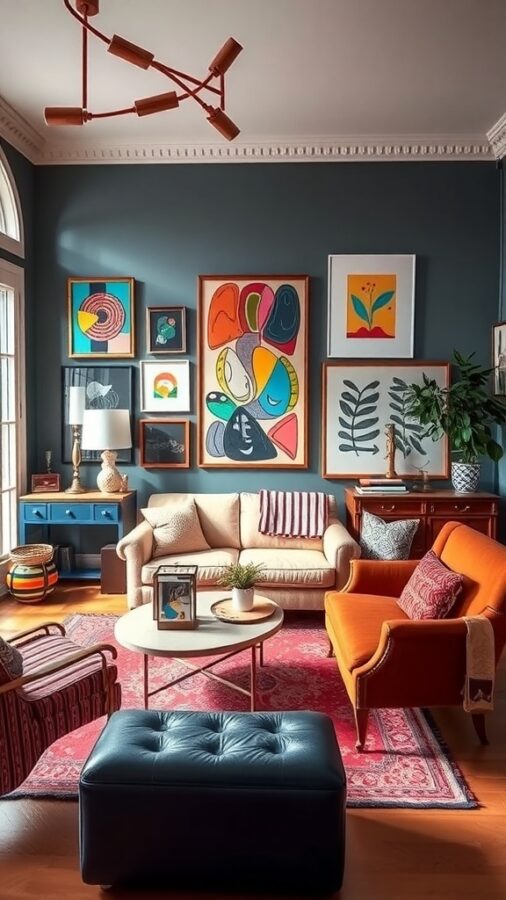 A vibrant eclectic living room featuring a mix of colorful artwork, diverse furniture styles, and a cozy atmosphere.