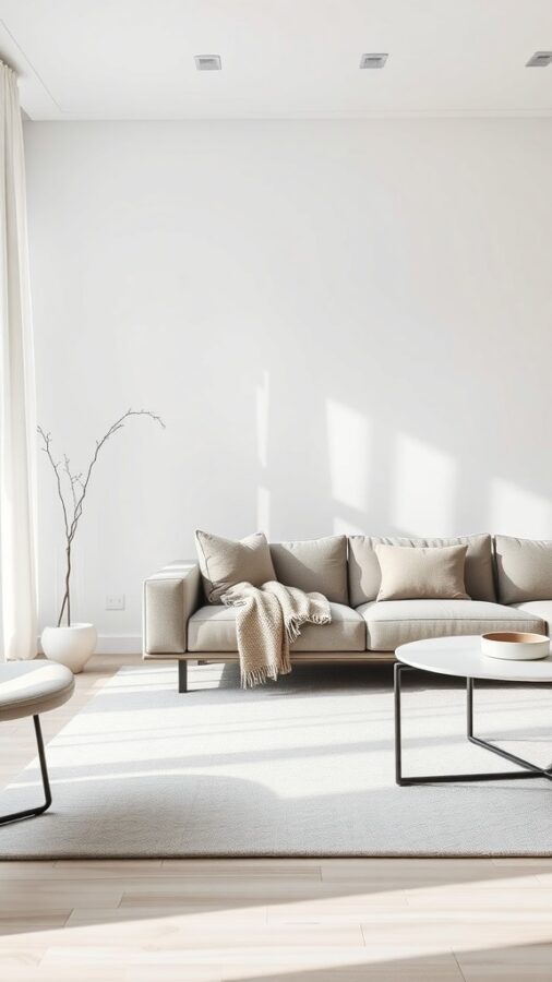 A minimalist living room with a cozy touch, featuring a light-colored sofa, cushions, a throw blanket, a round coffee table, and a decorative branch in a vase.