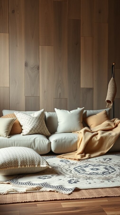 A cozy living room with a light-colored sofa, various textured pillows, and a decorative rug on a wooden floor.