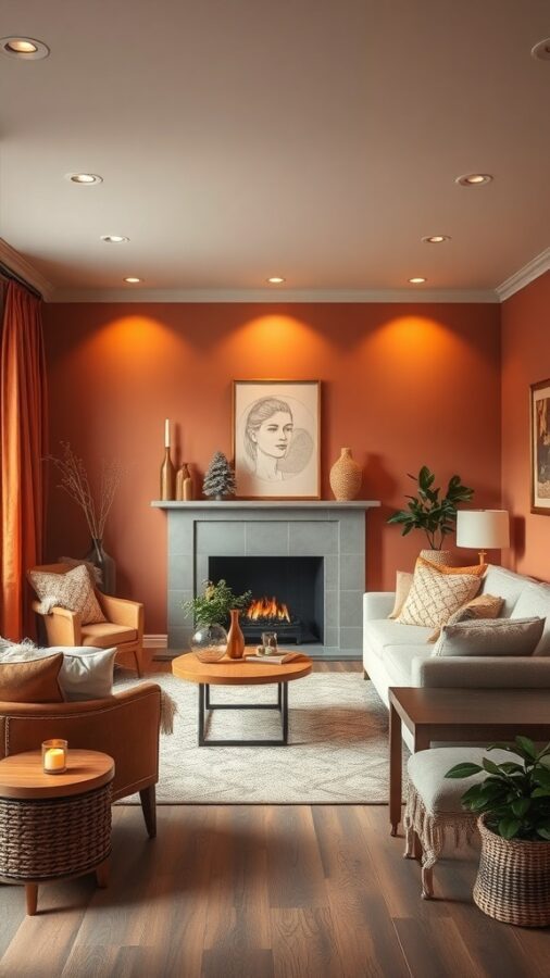 Cozy living room with warm color palette, featuring terracotta walls, a fireplace, and comfortable furniture.