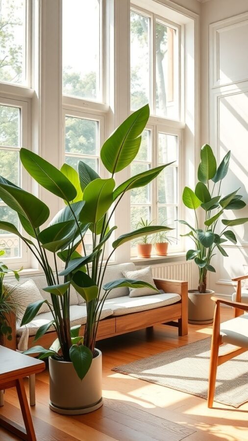 A bright living room filled with various indoor plants, showcasing a cozy seating area and natural light.