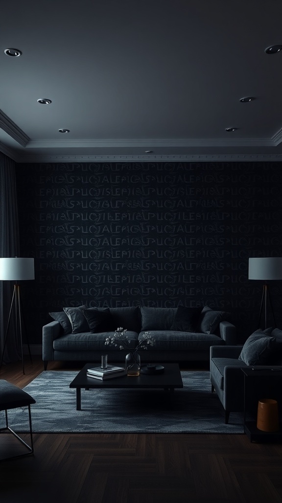 12 Stunning Black Wallpaper Ideas to Elevate Your Space 7 A cozy living room featuring black wallpaper with subtle patterns, modern furniture, and soft lighting.