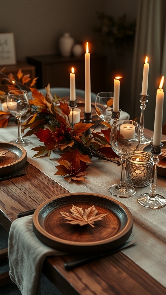 10 Cozy Fall Decor Ideas to Transform Your Home 2 A rustic table setting with wooden plates, autumn leaves, candles, and glassware.