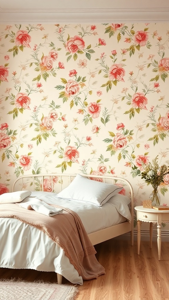 A cozy bedroom featuring vintage floral wallpaper with pink roses, a light bedspread, and a small bedside table.
