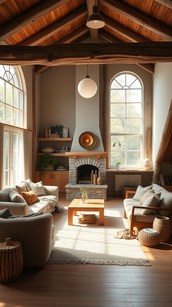 9 Cozy Earthy Living Room Ideas for a Natural Feel 8 A cozy living room featuring natural wood accents, exposed beams, and a stone fireplace.