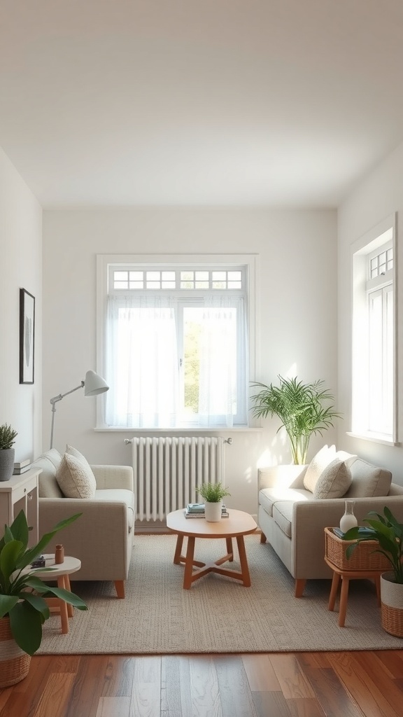 A small living room featuring light-colored furniture, plants, and natural light from windows.