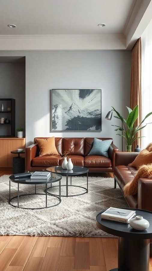 A contemporary living room featuring leather sofas, a shaggy rug, and modern decor elements.