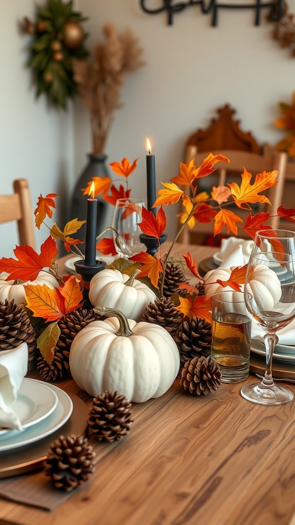 10 Cozy Fall Decor Ideas to Transform Your Home 5 A fall table centerpiece featuring white pumpkins, colorful autumn leaves, and pinecones, with candles adding a cozy touch.