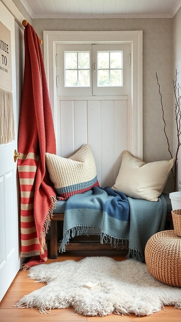 10 Nature-Inspired Items for Earthy Cottage Home Decor 2 A cozy corner with layered textiles including blankets, pillows, and a fluffy rug.