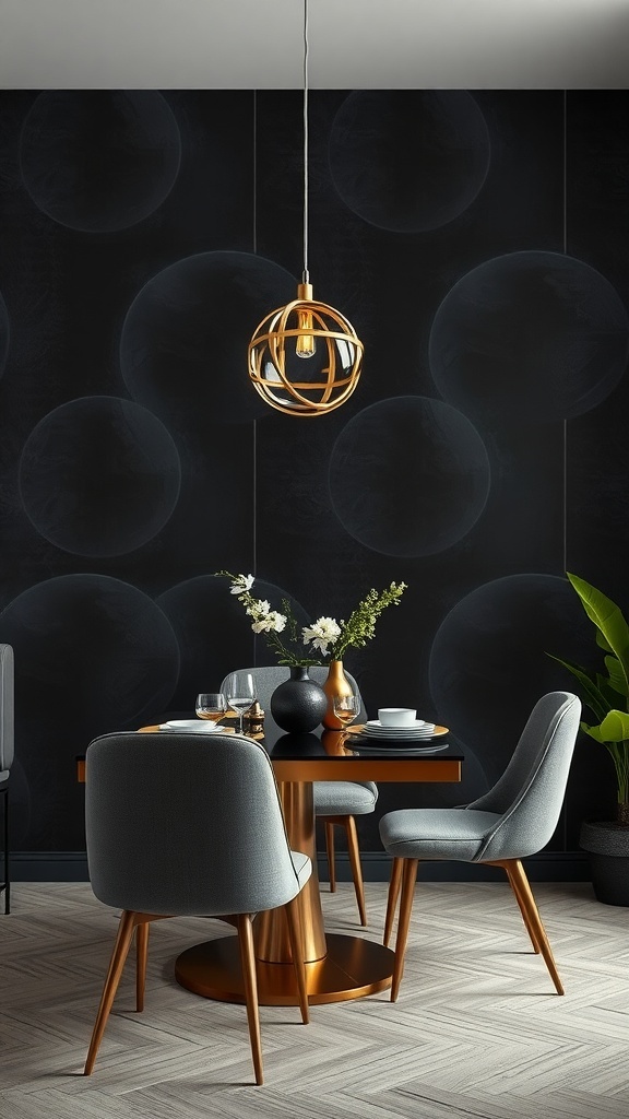 12 Stunning Black Wallpaper Ideas to Elevate Your Space 3 A dining area with glossy black wallpaper featuring metallic accents, a round table, and stylish chairs.