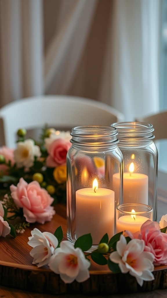 10 Creative DIY Home Decor Ideas to Transform Your Space 2 Glass jar candle holders surrounded by flowers on a wooden table