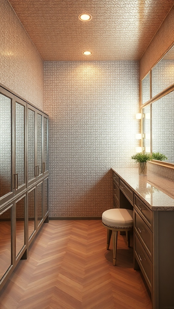 A stylish room with metallic wallpaper, elegant furniture, and warm wooden flooring.