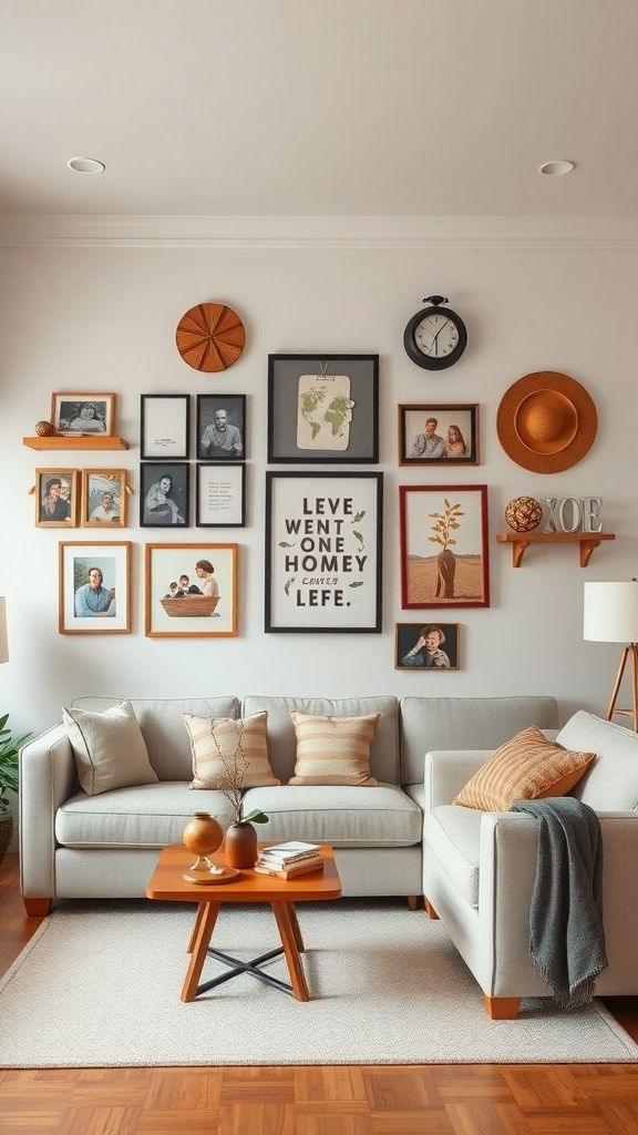 11 Stunning Living Room Inspiration Ideas You'll Love 11 A cozy living room with personalized decor, featuring family photos, a clock, and decorative items on the walls.