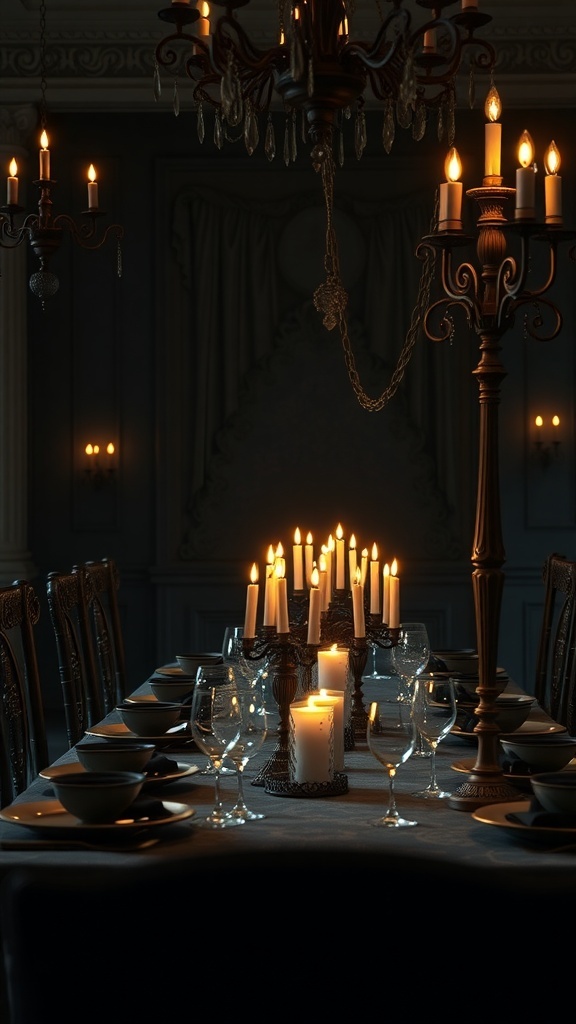 11 Stunning Gothic Home Decor Ideas to Transform Your Space 5 A gothic dining setup featuring candelabras and candles on a dark table, creating a warm and inviting atmosphere.