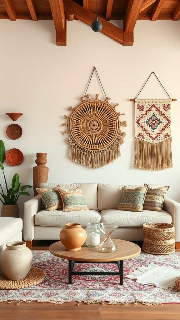 9 Cozy Earthy Living Room Ideas for a Natural Feel 3 A cozy living room featuring artisan wall hangings, handcrafted pottery, and a wooden coffee table.