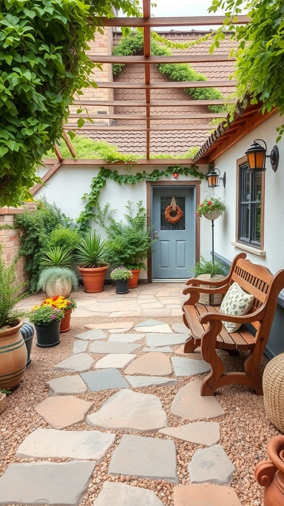 10 Nature-Inspired Items for Earthy Cottage Home Decor 10 A cozy outdoor space with a stone pathway, wooden bench, and potted plants leading to a blue door.