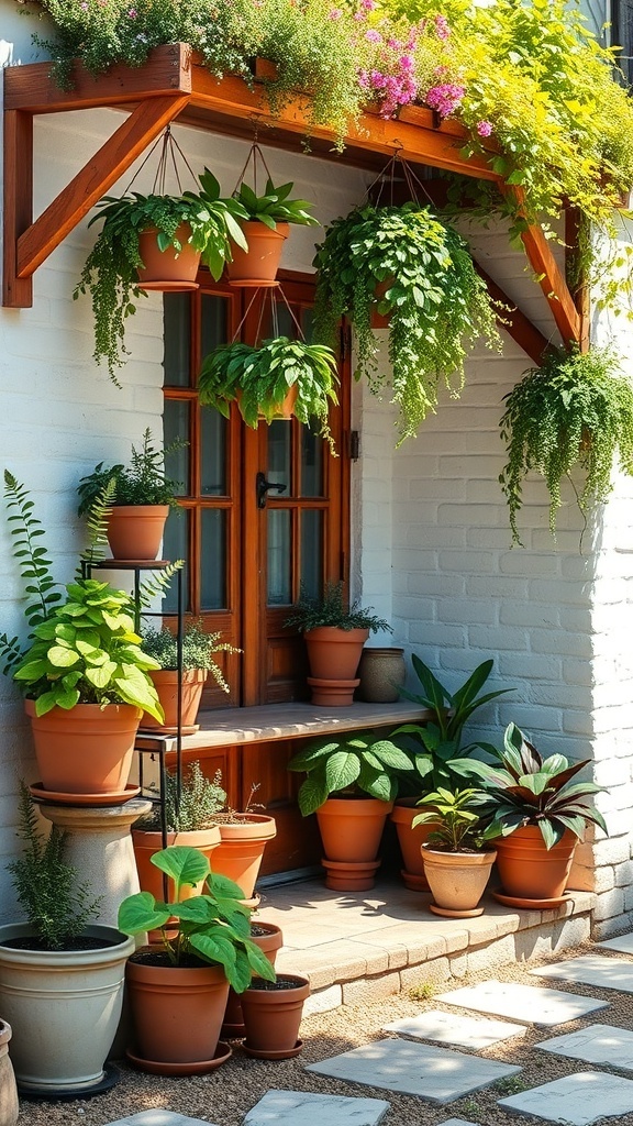 10 Nature-Inspired Items for Earthy Cottage Home Decor 5 A cozy cottage entrance with various potted plants and hanging greenery, creating an inviting atmosphere.