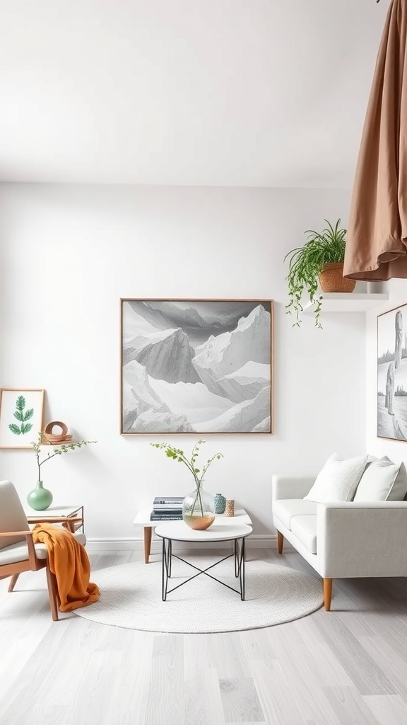10 Stunning White Wallpaper Ideas to Brighten Your Space 8 A cozy living room with white wallpaper, light wooden floors, and a modern design featuring plants and artwork.