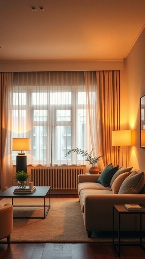 A contemporary living room with warm lighting, showcasing a cozy sofa, soft curtains, and a coffee table.