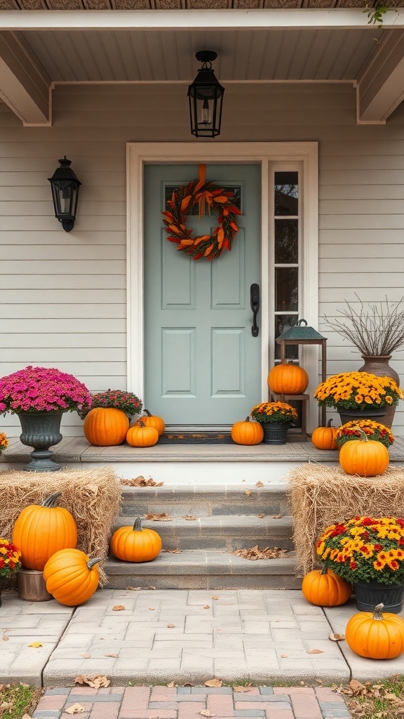10 Cozy Fall Decor Ideas to Transform Your Home 8 A cozy outdoor porch decorated for fall with pumpkins, flowers, and a wreath.