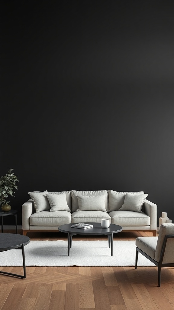 12 Stunning Black Wallpaper Ideas to Elevate Your Space 5 A modern living room featuring a matte black wallpaper, light-colored sofa, and wooden flooring.