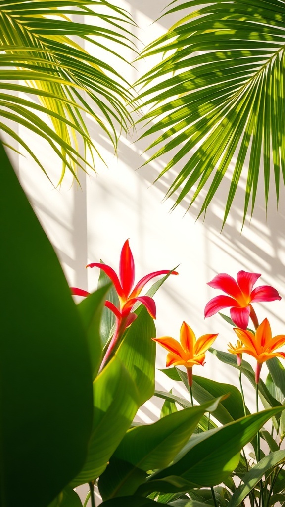 Tropical flowers and green leaves with sunlight filtering through
