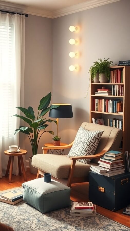 A cozy reading nook in a living room featuring a comfortable chair, side table, plants, and bookshelves.