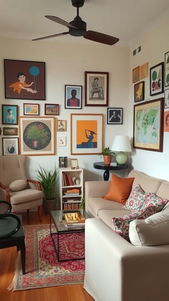 A small living room with a gallery wall of framed art, a cozy sofa, and decorative accessories.