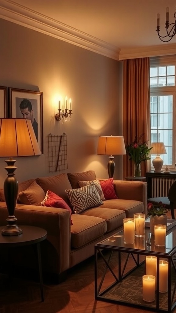 11 Stunning Living Room Inspiration Ideas You'll Love 9 A cozy living room with warm lighting from lamps and candles, featuring a comfortable sofa and decorative pillows.