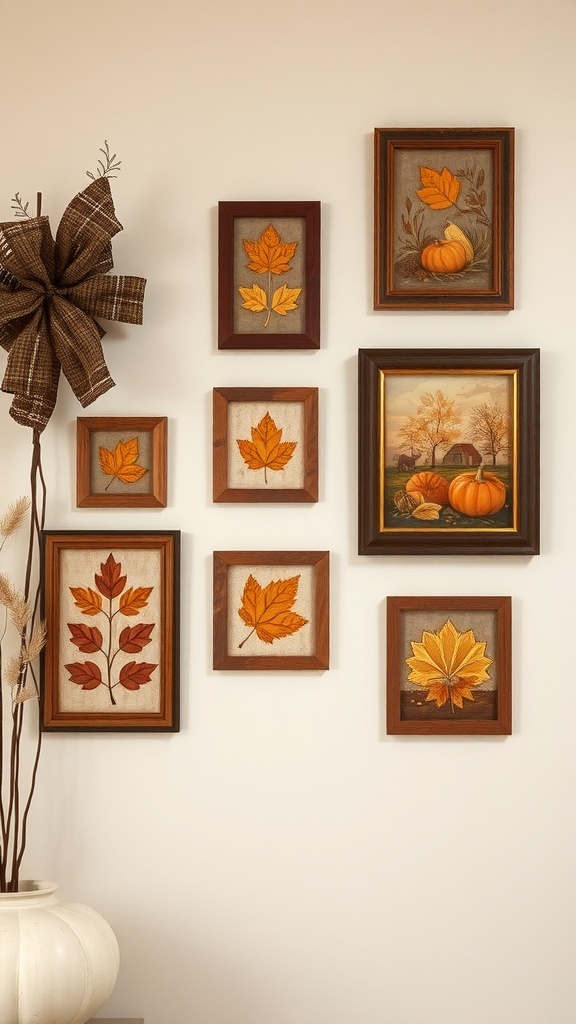 10 Cozy Fall Decor Ideas to Transform Your Home 3 A collection of harvest-inspired wall art featuring framed autumn leaves and pumpkins, with a decorative bow.