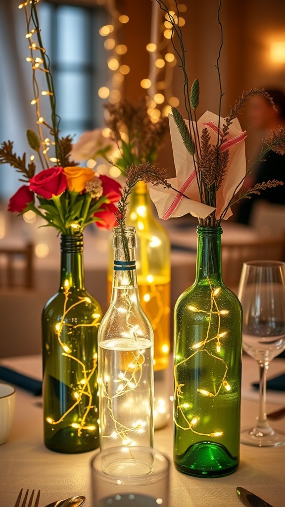 10 Creative DIY Home Decor Ideas to Transform Your Space 9 Decorative wine bottle centerpieces with flowers and fairy lights