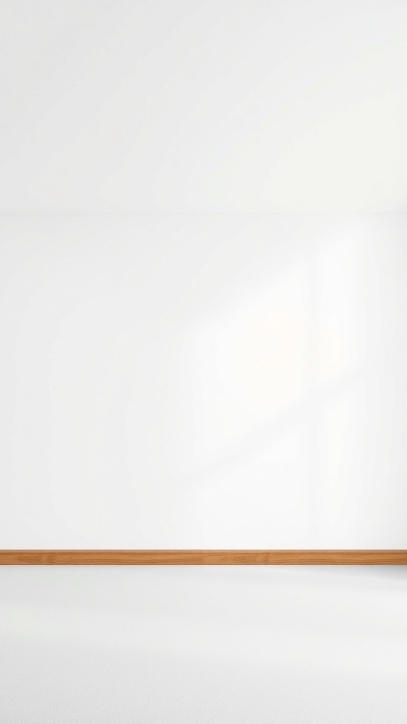 A clean white wall with a wooden baseboard, representing minimalist design.