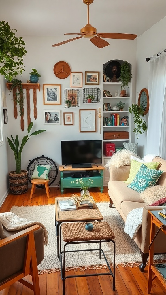 9 Cozy Earthy Living Room Ideas for a Natural Feel 1 A cozy living room featuring recycled and upcycled decor with plants, wall art, and vintage furniture.