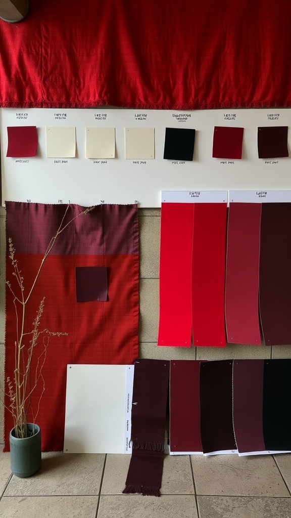 11 Stunning Gothic Home Decor Ideas to Transform Your Space 7 Color swatches and fabric samples in gothic-inspired colors, featuring deep reds, blacks, and muted whites.