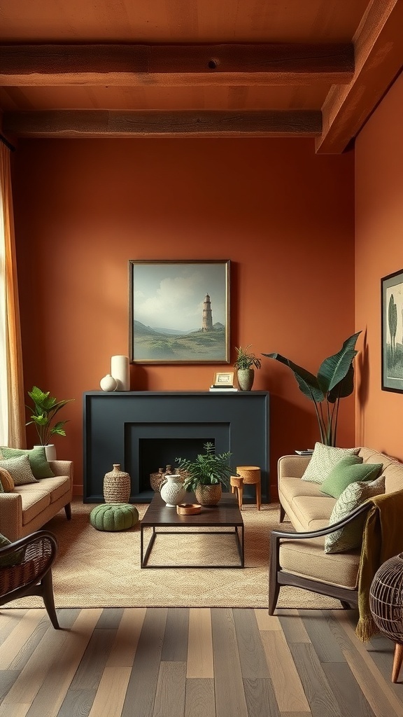 9 Cozy Earthy Living Room Ideas for a Natural Feel 6 A cozy living room featuring an earthy color palette with terracotta walls, green accents, and natural wood elements.